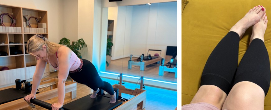 Fitness inštruktorka počas tréningu, osobná výpoveď o živote s lipedémom. Ťažké nohy v kompresných legínach po tréningu.